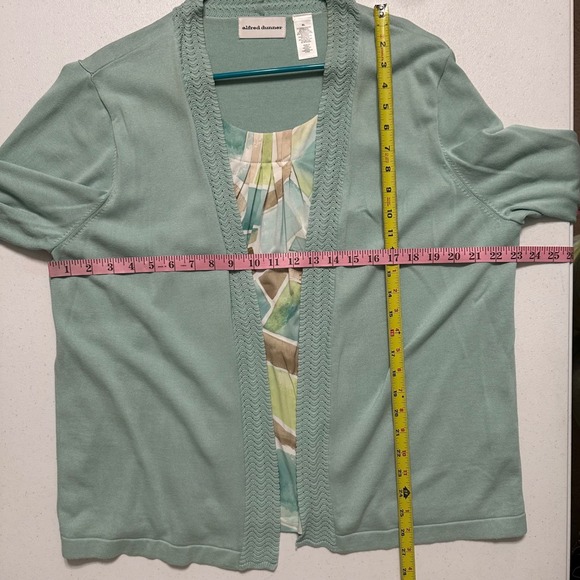 Alfred Dunner Mint Green Cardigan Attached Duet Top Brown Geometric Print Sz XL - Picture 5 of 5